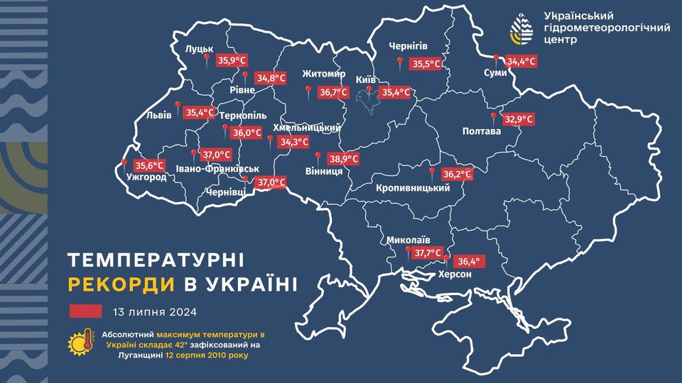Температурные рекорды в Украине 13 июля / Фото: facebook.com/UkrHMC