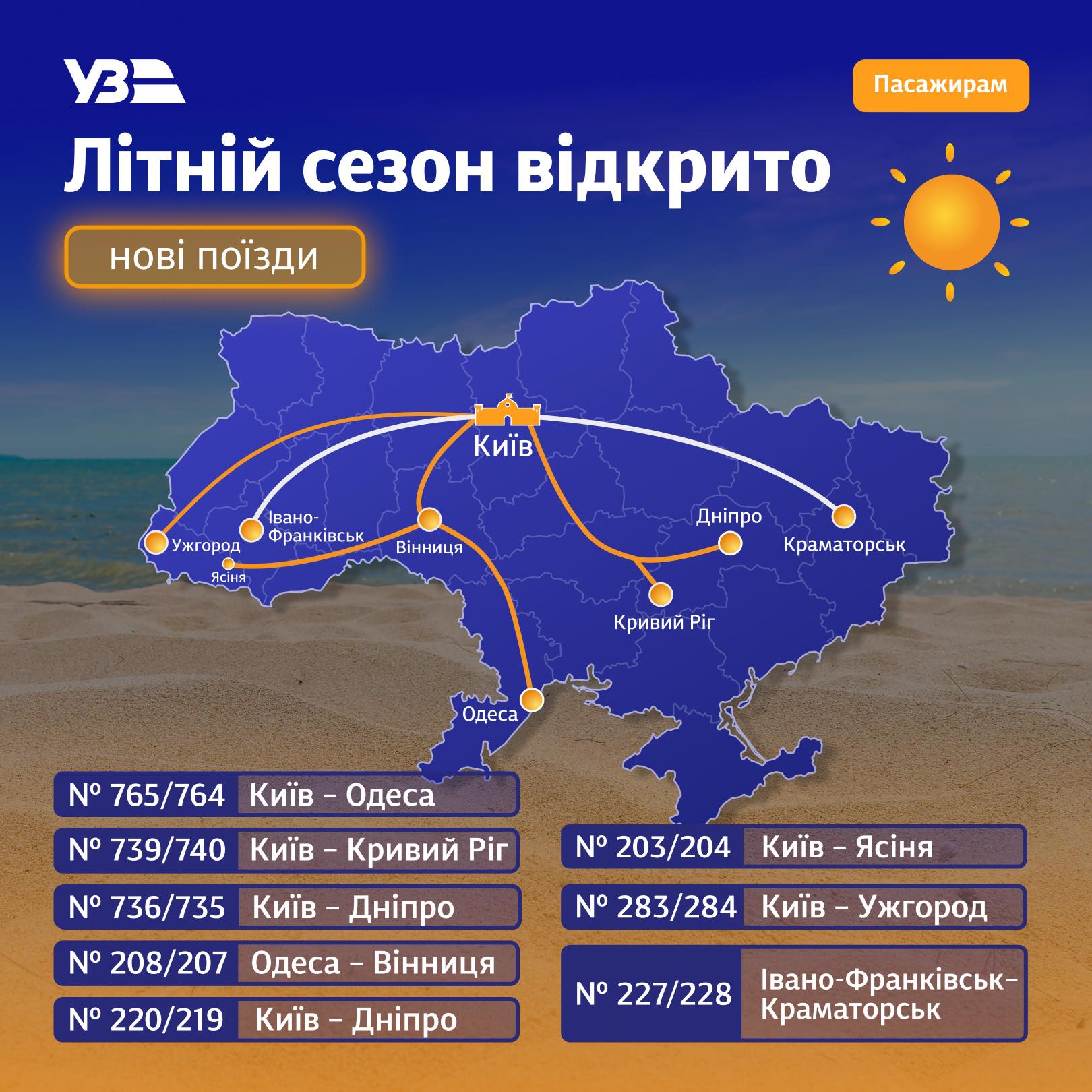 УЗ назначила ряд поездов на летний сезон