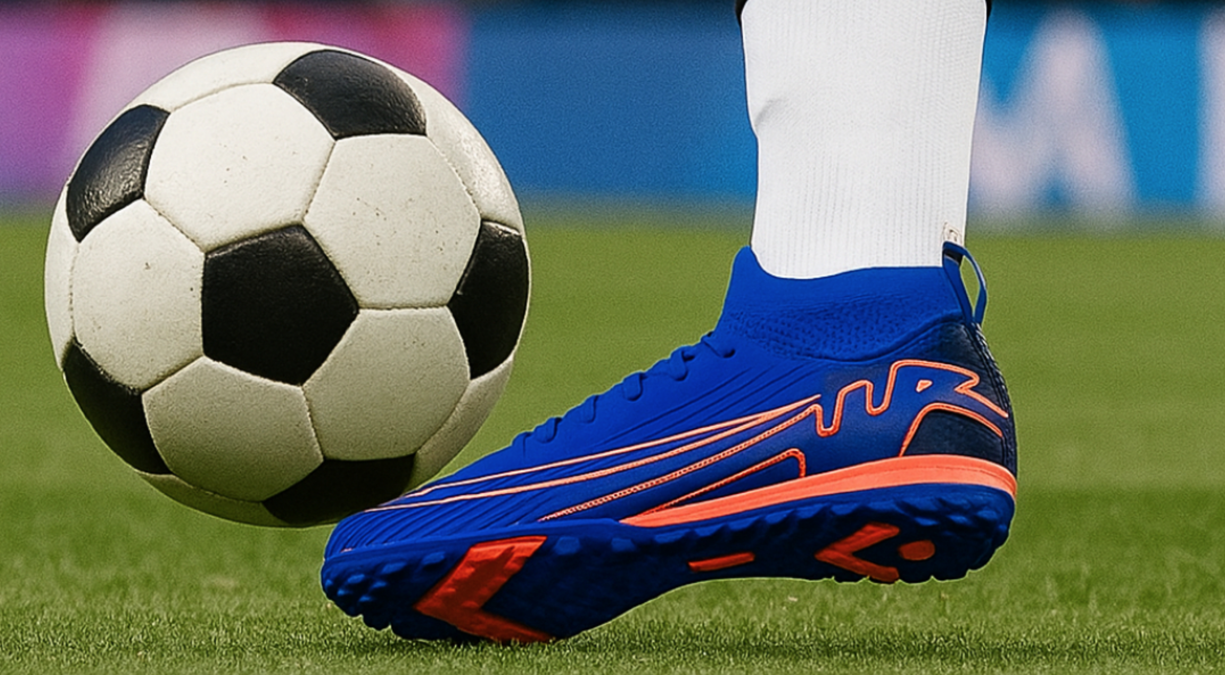 Крупный план ноги футболиста в профессиональных сороконожках в момент удара по мячу на поле.