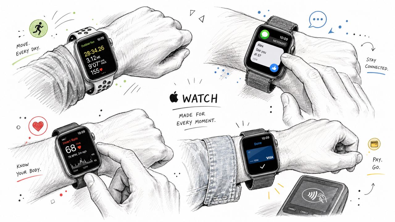 Ілюстрація Apple Watch на руках, що демонструє функції відстеження тренувань, повідомлень, здоров'я та безконтактних платежів Apple Pay
