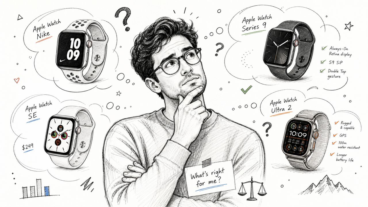 Молодий чоловік замислено обирає модель годинника Apple Watch серед варіантів Nike, Series 9, SE та Ultra 2
