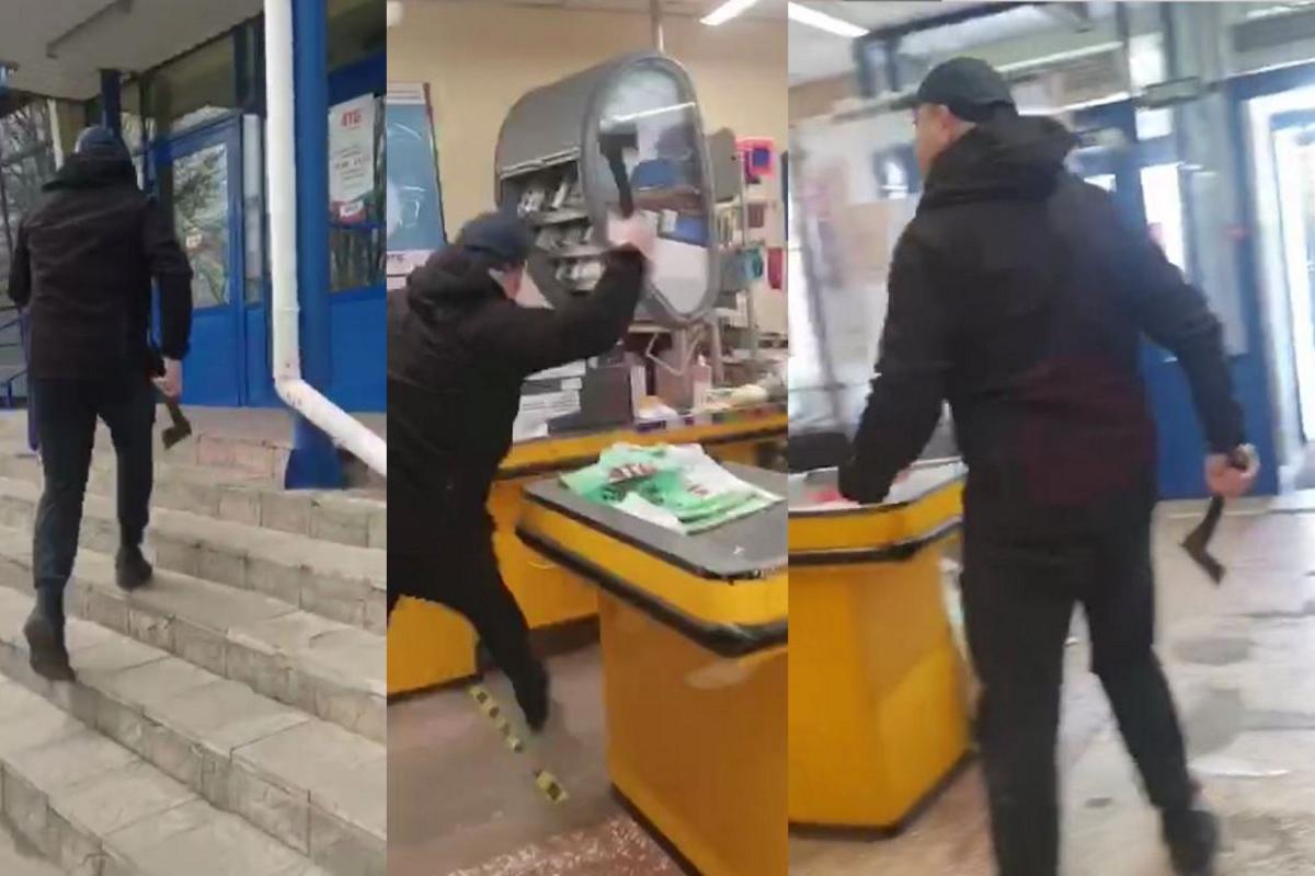 Мужчина с топором устроил погром в супермаркете АТБ из-за маски (видео) Мужчина с топором устроил погром в супермаркете АТБ из-за маски (видео)