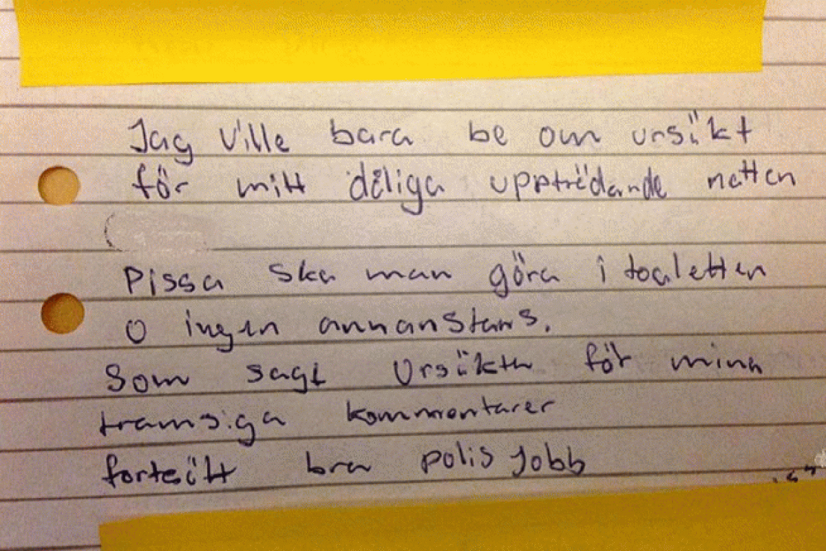 В Швеции мужчина написал письмо с извинениями после ночи в вытрезвителе