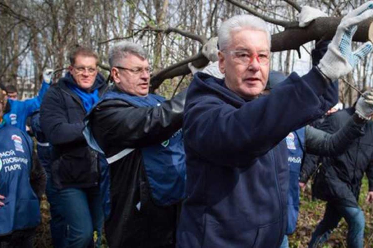 В сети высмеяли экс-мэра Москвы с «гигантским» бревном на субботнике