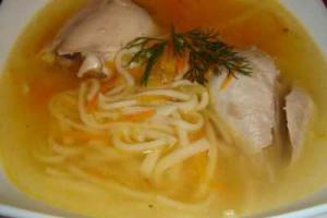 Суп-лапша с куриными потрохами, грудкой и грибами