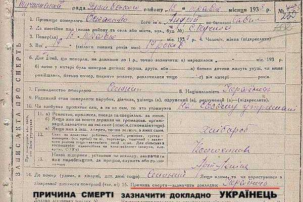 «Причина смерти - украинец» - содержание записи акта о смерти парня 1933 года